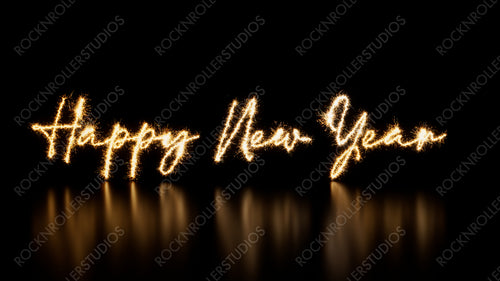 Holiday Banner with Happy New Year Text on Black. Gold Sparkler Firework Caption with copy space.