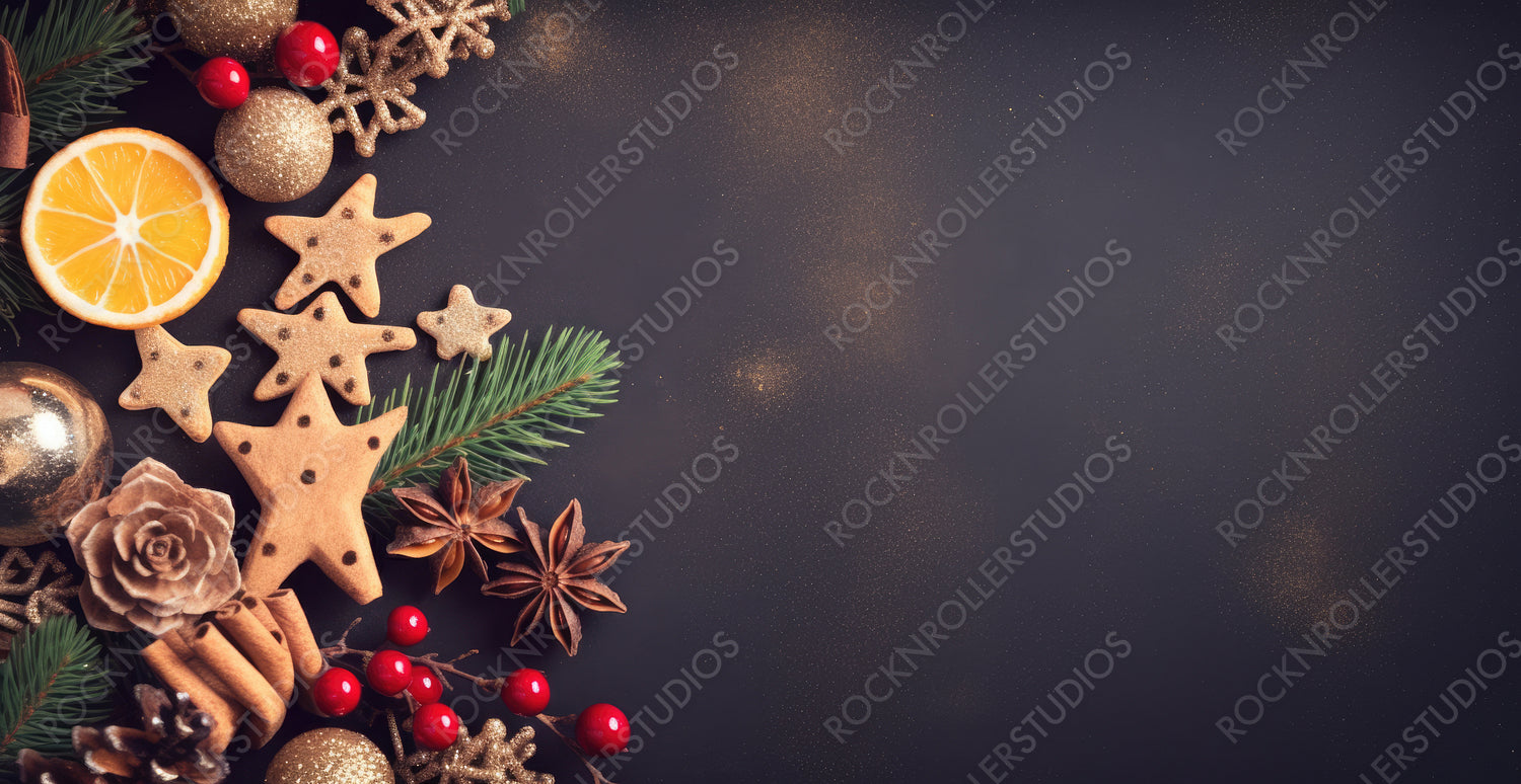 Christmas dark background border in bright Golden brown tones. Fir branches, cones, cookies and red berries on textured background with copy space.