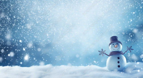 Christmas Winter Background with Snowman and Blurred Bokeh. Merry Christmas and Happy New Year Greeting Card with Copy-Space.