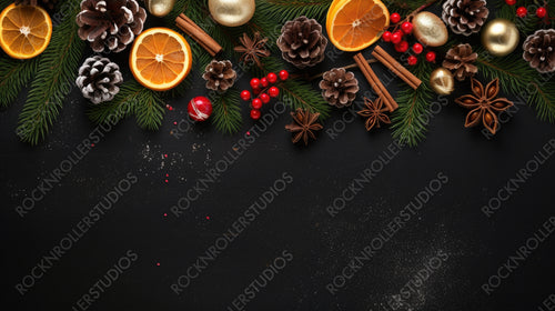 Festive Christmas greeting card with fir branches decorated with natural dried decor of oranges, cinnamon sticks, fir cones and red berries. Dark black textured background with copy-space.