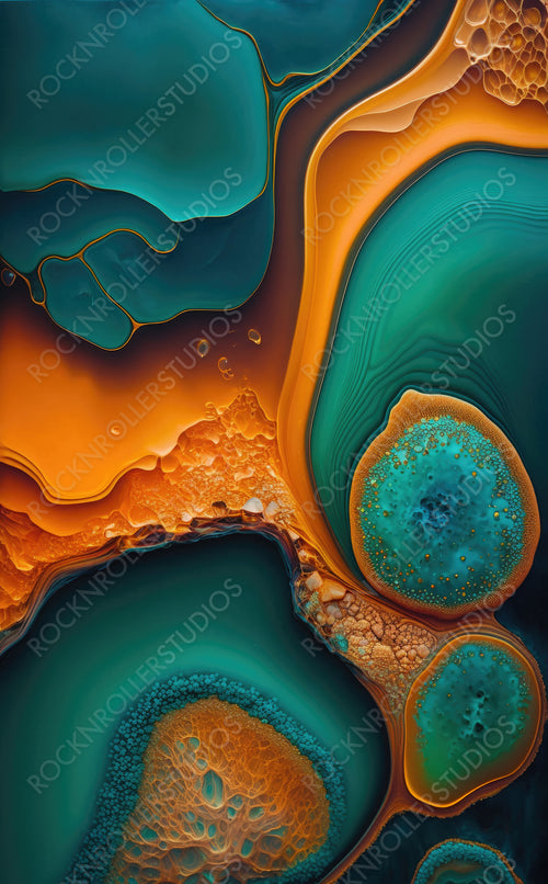 Elegant Marbling Wallpaper. Liquid Swirls in Beautiful Teal and Orange colors, with Gold Glitter. Generative AI.