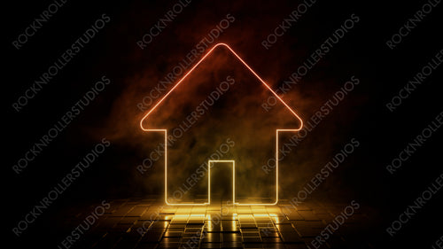Orange and yellow neon light home icon. Vibrant colored technology symbol, isolated on a black background. 3D Render