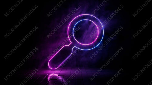 Pink and blue neon light search icon. Vibrant colored magnifier technology symbol, isolated on a black background. 3D Render