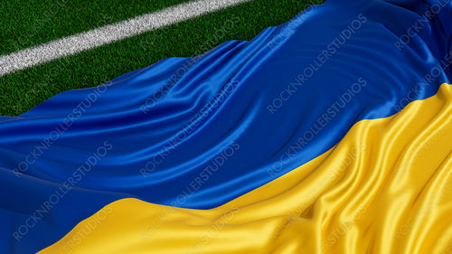 Flag of Ukraine on a Sports field. Grass Pitch with a Ukrainian Flag. Euro 2020 Soccer Wallpaper.