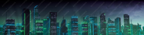 Futuristic Cityscape with Green and Blue Neon lights. Night scene with Futuristic Skyscrapers.