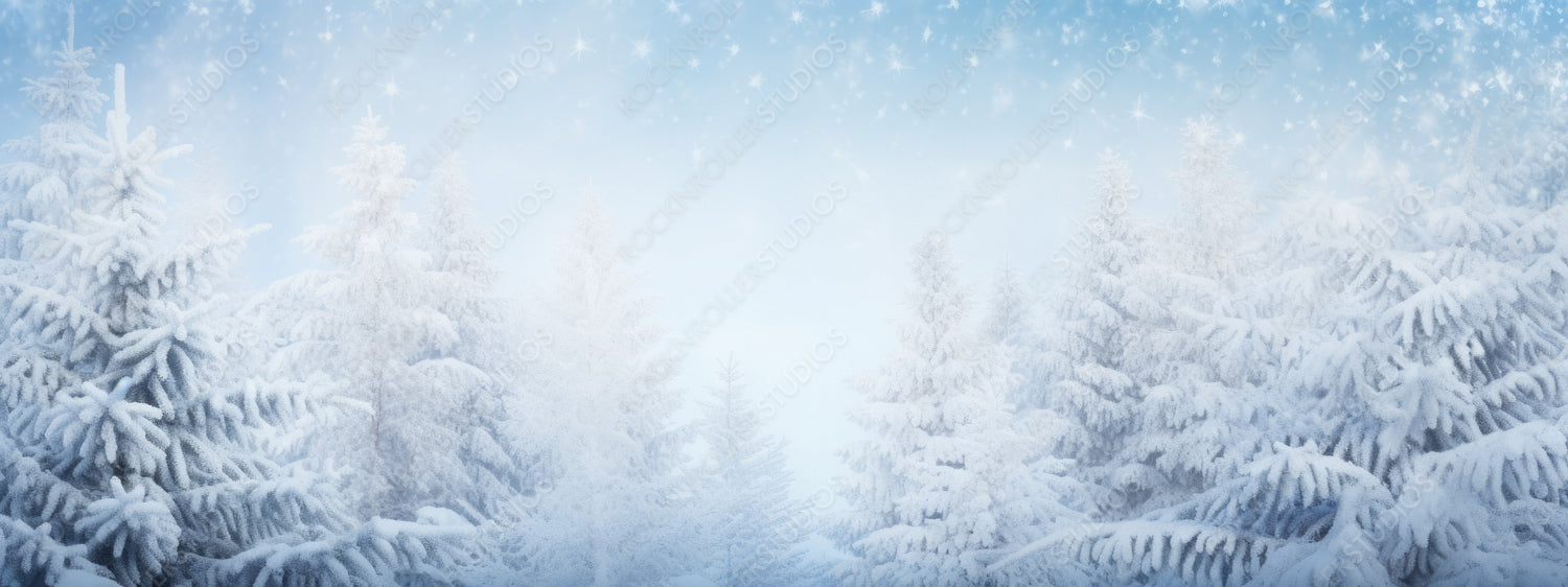 Blue winter christmas nature background frame, wide format. Snow-covered fir branches, snowdrift against snowfall in forest . Close-up, copy space.