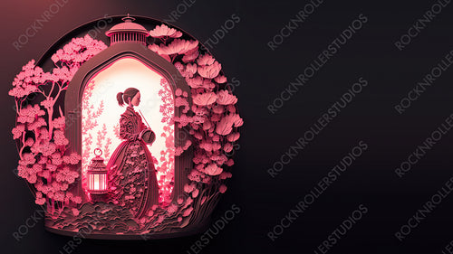 Woman in a Pink Floral Design. Lovely Paper Cut Wallpaper with Lanterns and copy-space, to Celebrate International Woman's Day. Generative AI