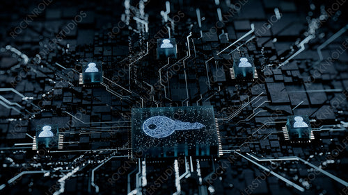Security Technology Concept with key symbol on a Microchip. White Neon Data flows between Users and the CPU across a Futuristic Motherboard. 3D render.