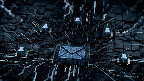 Email Technology Concept with Envelope symbol on a Microchip. White Neon Data flows between Users and the CPU across a Futuristic Motherboard. 3D render.