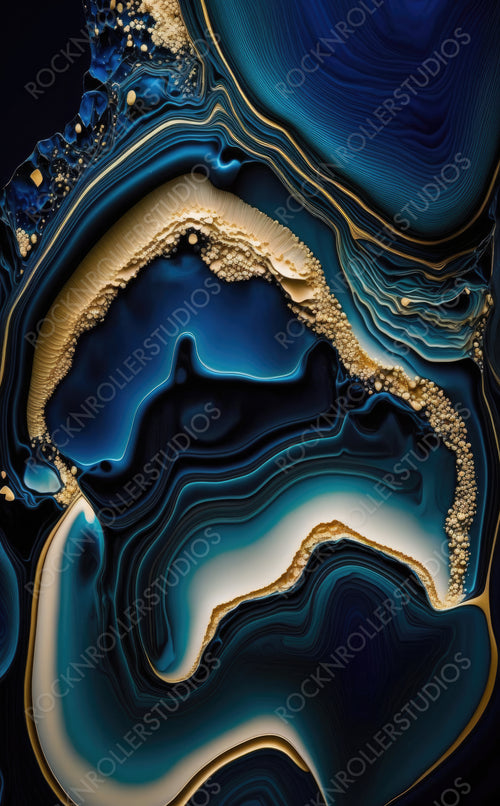 Flowing Contemporary Design Wallpaper in Beautiful Navy Blue colors. Liquid texture with Gold Powder. Generative AI.