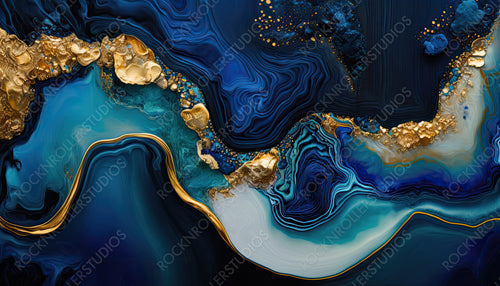 Contemporary Design Wallpaper. Paint Swirls in Beautiful Navy Blue colors, with Gold Powder. Generative AI.