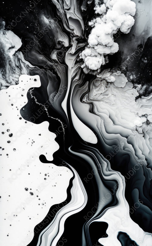 Liquid Swirls in Beautiful Black and White colors, with White Particles. Elegant Marbling Background. Generative AI.