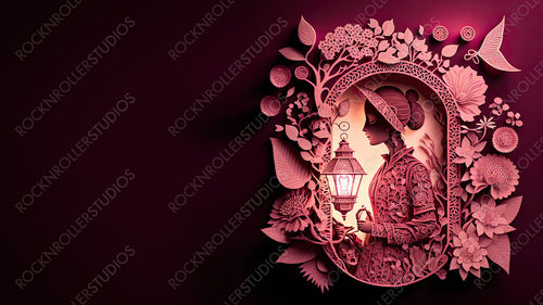 Pink Floral Background to Celebrate International Woman's Day. Premium Paper Craft Design with Lady, Lanterns and copy-space. Generative AI