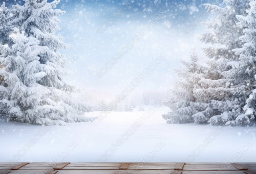 Winter christmas scenic background with copy space. Wooden flooring was strewn with snow in forest and branches of fir-trees covered with snow on the nature.