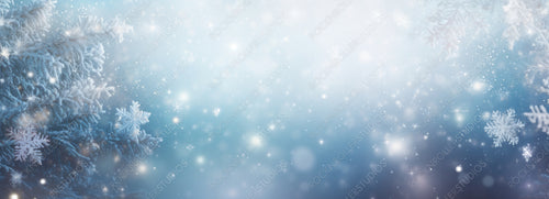 Christmas Winter Blurred Background. Xmas Trees with Snow, Holiday Festive Background. Widescreen Backdrop. New Year Winter Art Design, Wide Screen Holiday Border