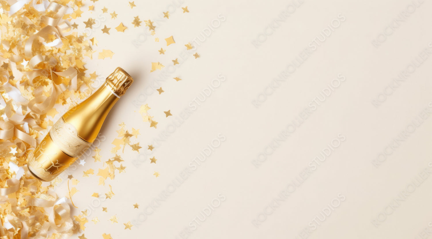 Celebration Background with Golden Champagne Bottle, Confetti Stars and Party Streamers. Christmas, Birthday Or Wedding Concept. Flat Lay.
