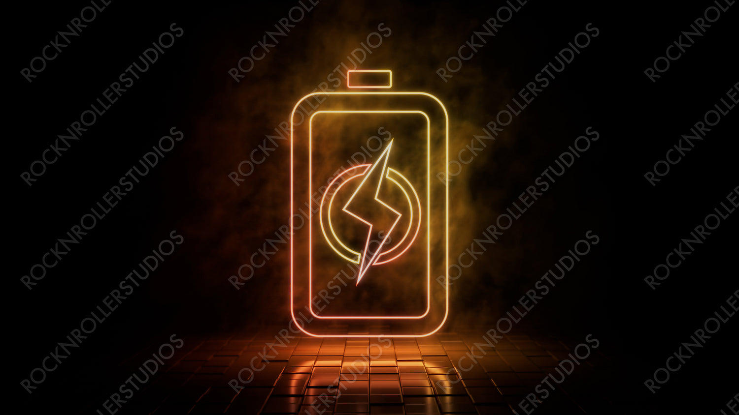 Orange and yellow neon light battery icon. Vibrant colored technology symbol, isolated on a black background. 3D Render
