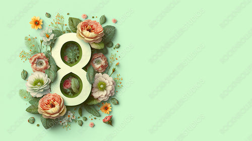 Lovely Botanical Background to Celebrate International Woman's Day. Green Floral Design with Number 8, Flowers and copy-space. Generative AI.