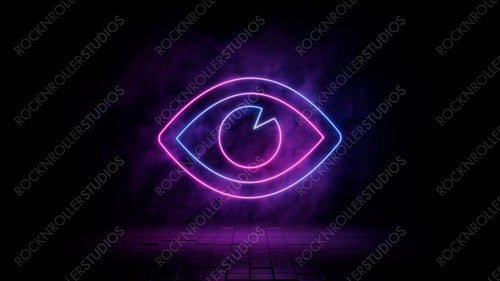Pink and blue neon light eye icon. Vibrant colored visibility technology symbol, isolated on a black background. 3D Render