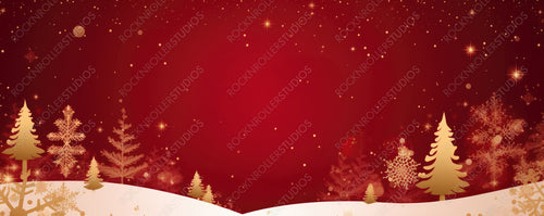 Gold Christmas and New Year on Red Xmas Background with Winter Landscape with Snowflakes, Light, Stars. Merry Christmas Card. Illustration