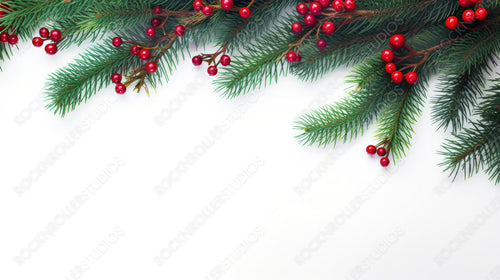 Festive Christmas border frame - green fir branches decorated with red berries isolated on white, copy space.