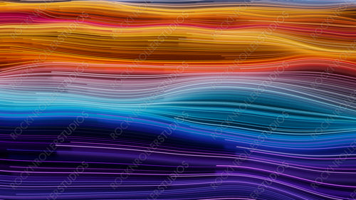 Colorful Neon Background with Orange, Pink and Turquoise Curves. 3D Render.