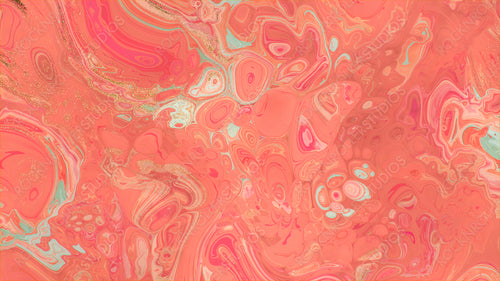 Flowing Modern Art Background in Beautiful Coral and Pink colors. Liquid texture with Gold Glitter.