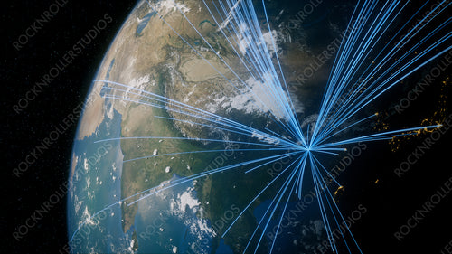 Earth in Space. Blue Lines connect Wuhan, China with Cities across the World. International Travel or Business Concept.