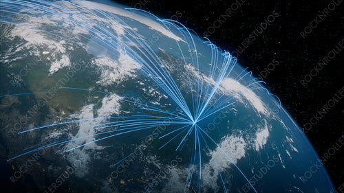 Earth in Space. Blue Lines connect New York, USA with Cities across the World. Worldwide Travel or Communication Concept.