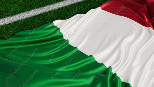 Flag of Italy on a Sports field. Grass Pitch with a Italian Flag. Euro 2020 Soccer Wallpaper.