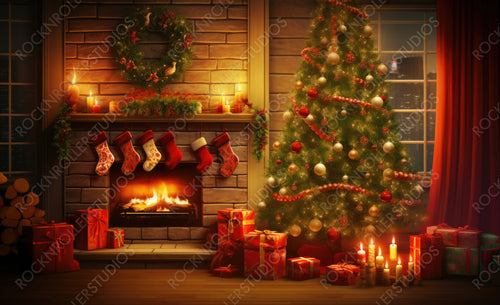 interior Christmas. Magic Glowing Tree, Fireplace, Gifts in Dark