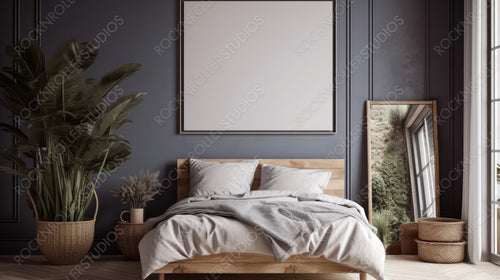 Stylish Bedroom. Ethnic Interior Design Background. Generative AI.
