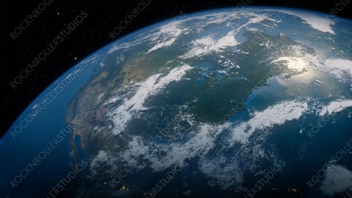 Earth in Space. Photorealistic 3D Render of the Globe, with views of USA and North America. Global Concept.