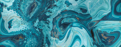 Beautiful Teal and Blue Liquid Swirls with Gold Powder. Contemporary Art Banner.