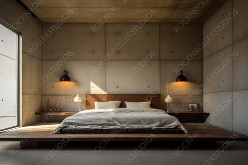 Contemporary Bedroom. Minimal Interior Design Background. Generative AI.