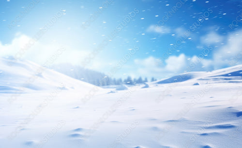 Winter snow background with snowdrifts, beautiful light and falling flakes of snow on blue sky, drifting snow, copy space.
