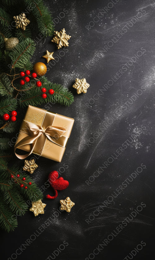 Christmas dark black background with beautiful texture and Golden gift box with red ribbon, fir branches, cones, Christmas tree stars, top view, copy space.
