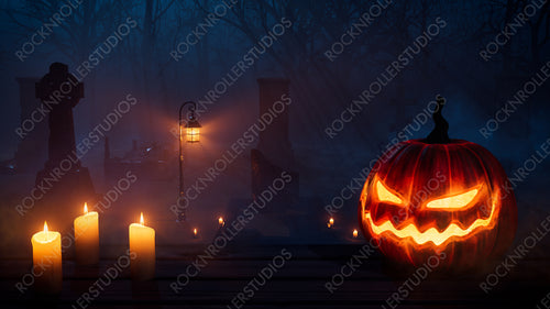 Jack O' Lantern in Spooky Woodland Churchyard. Halloween background.