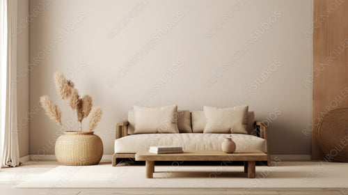 Wabi-Sabi Living Room. Contemporary Interior Design Background. Generative AI.