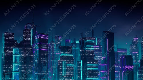 Sci-fi Metropolis with Purple and Cyan Neon lights. Night scene with Advanced Superstructures.