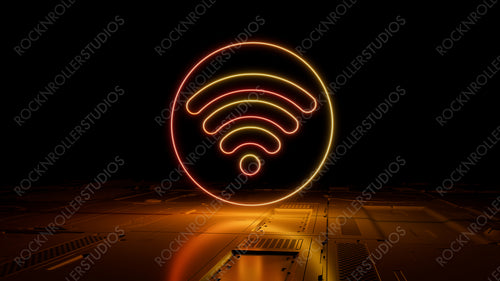 Orange and Yellow Wireless Technology Concept with wifi symbol as a neon light. Vibrant colored icon, on a black background with high tech floor. 3D Render
