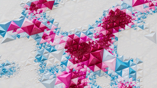 Bright Futuristic Surface with Triangular Pyramids. White, Blue and Pink Polygonal 3d Wallpaper.