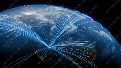 Earth in Space. Blue Lines connect Salt Lake City, USA with Cities across the World. Worldwide Travel or Business Concept.