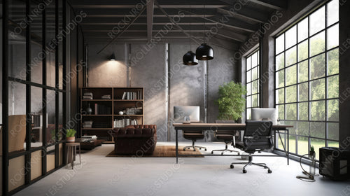 Contemporary Office. Industrial Interior Design Background. Generative AI.