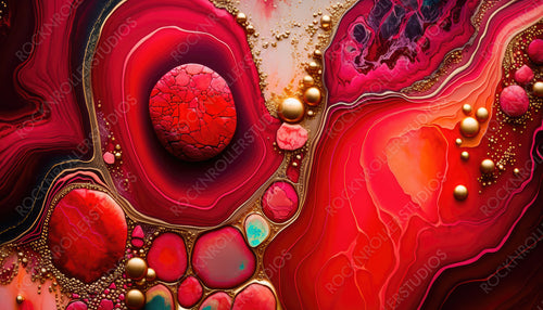 Liquid Swirls in Beautiful Crimson colors, with Gold Powder. Luxurious Design Background. Generative AI.
