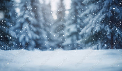 Blurry image of a winter forest, small snowdrifts and light snowfall - a beautiful winter-themed background wide format.