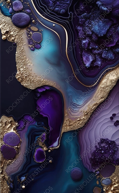Beautiful Purple and Black Liquid Swirls with Gold Powder. Contemporary Acrylic Pour Wallpaper. Generative AI.
