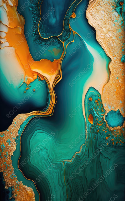 Paint Swirls in Beautiful Teal and Orange colors, with Gold Powder. Luxurious Design Background. Generative AI.