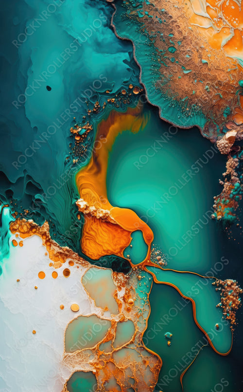Beautiful Teal and Orange Paint Swirls with Gold Glitter. Modern Art Wallpaper. Generative AI.