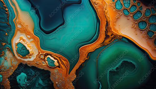 Modern Marbling Background. Paint Swirls in Beautiful Teal and Orange colors, with Gold Glitter. Generative AI.